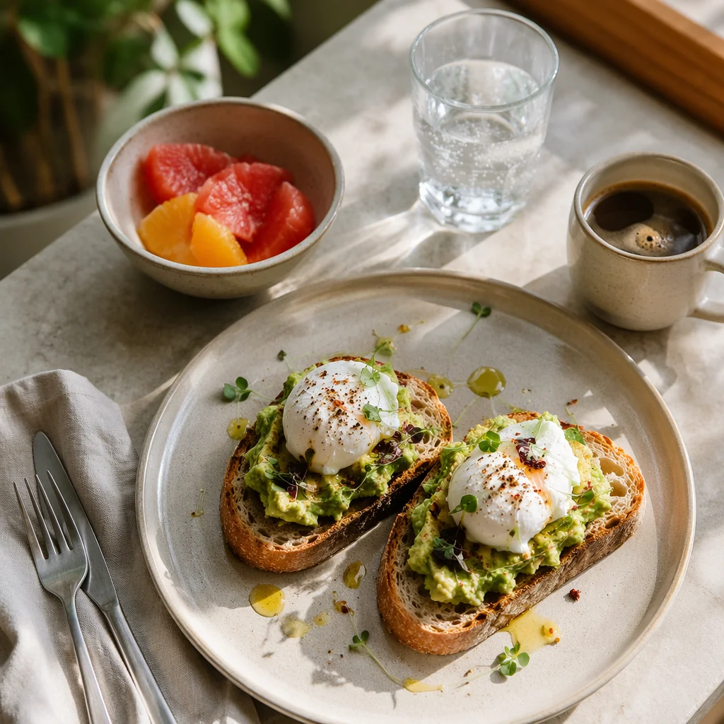 Trendy Avocado Toast Brunch Overhead Scene
