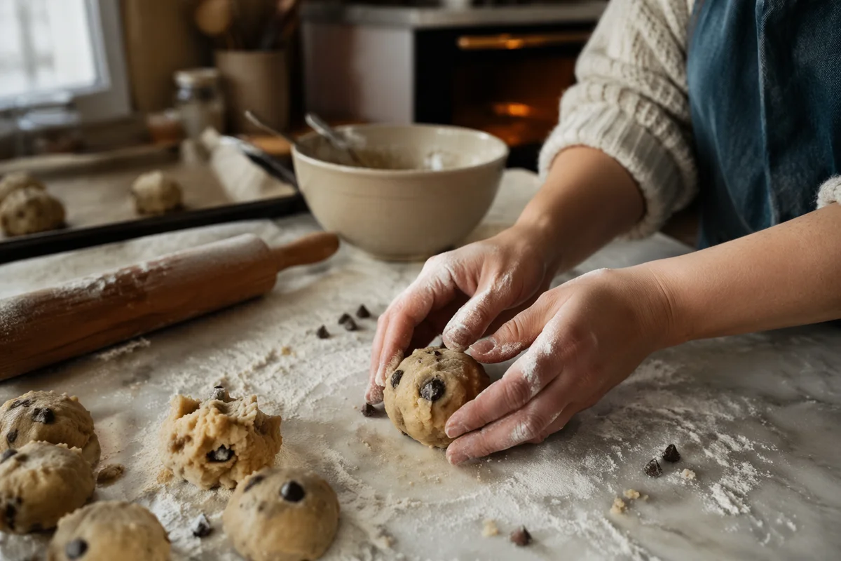 Hands Rolling Cookie Dough in Kitchen