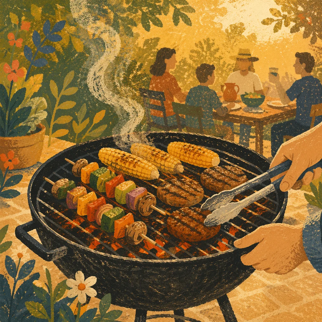 Sunny Backyard Barbecue Grill Cookout Scene