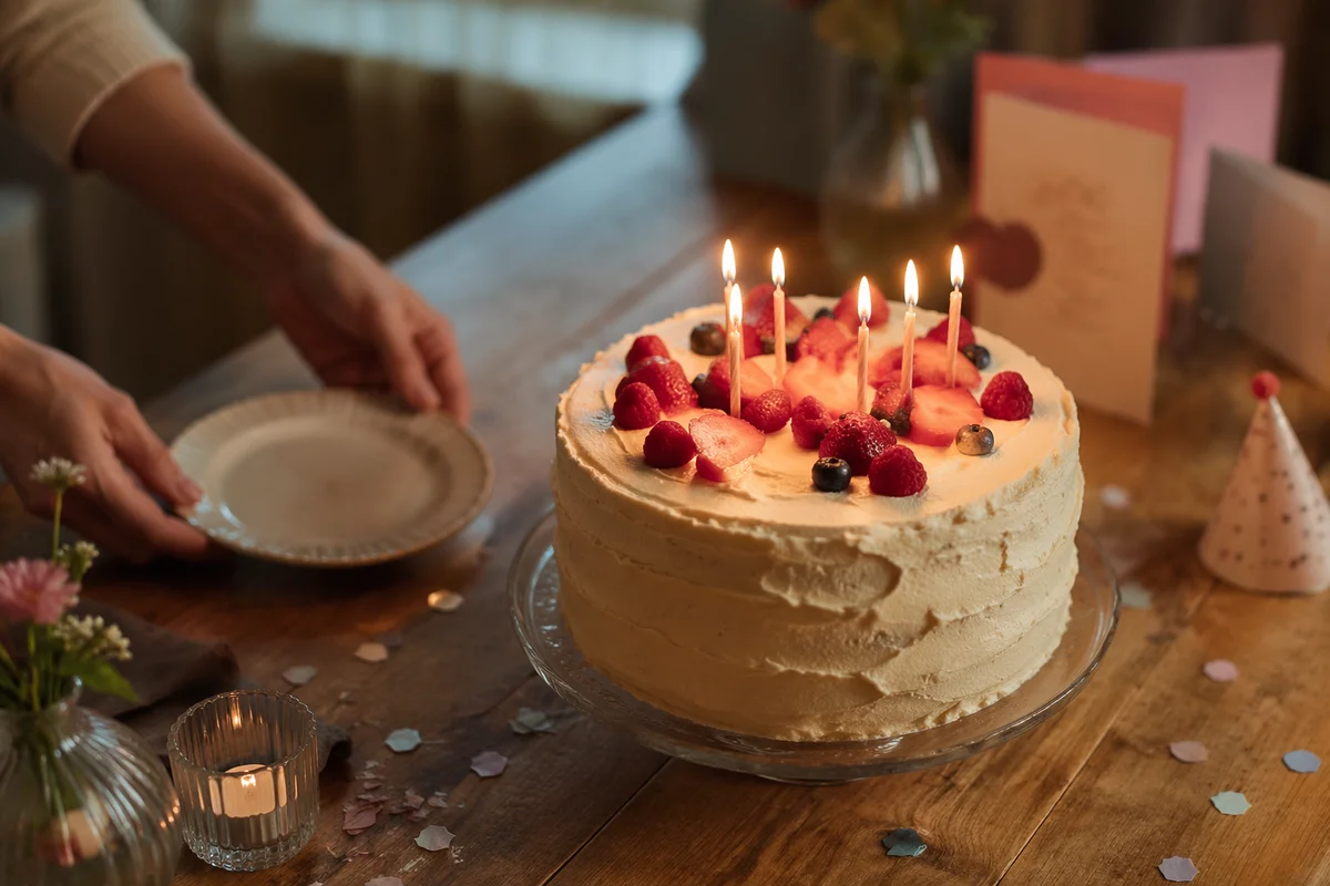 Homemade Birthday Cake with Glowing Candles