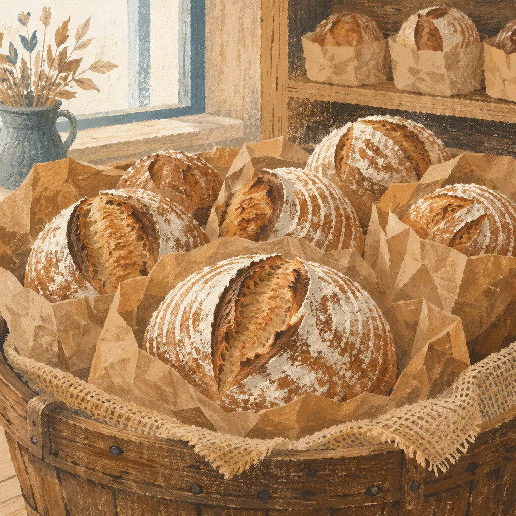Fresh Artisan Sourdough Loaves in Rustic Bakery