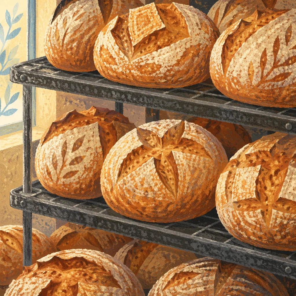 Fresh Artisan Bread Loaves on Bakery Racks
