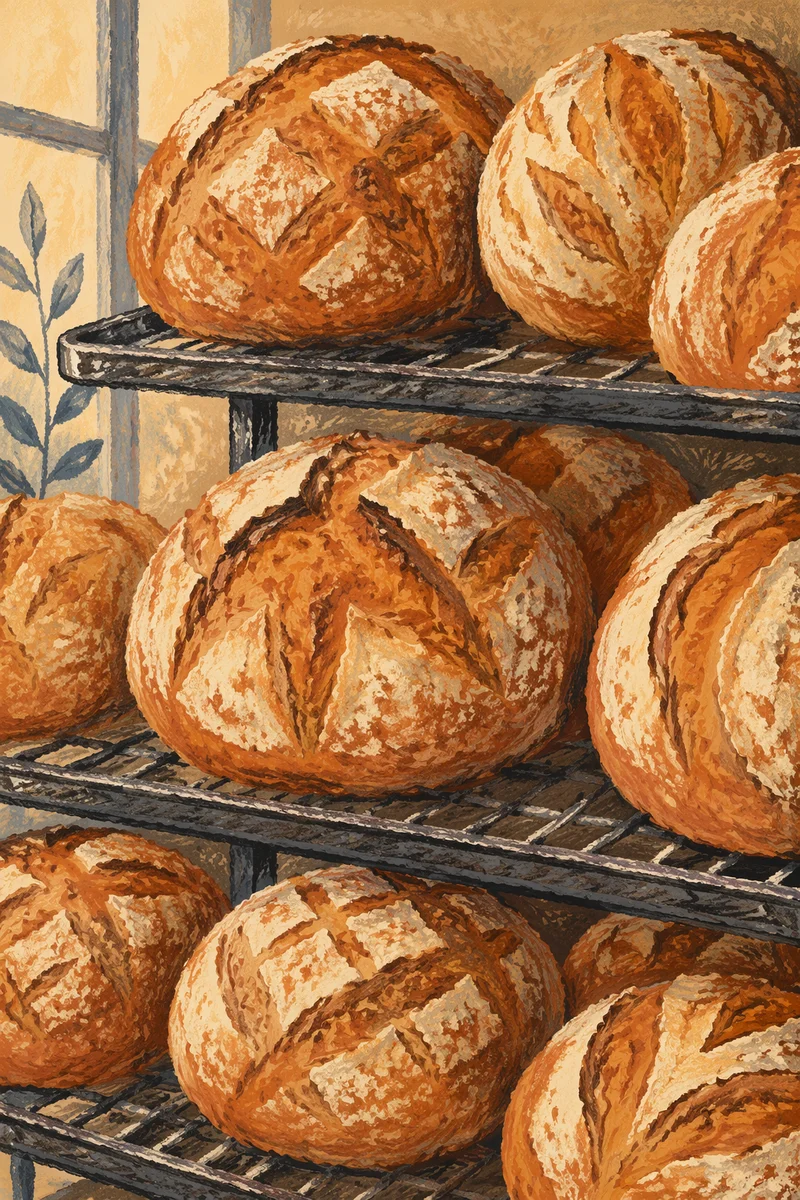 Fresh Artisan Bread on Bakery Racks