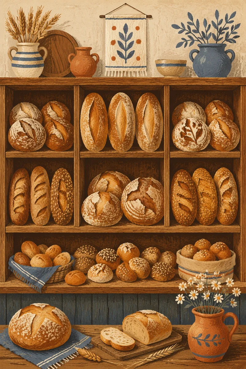 Rustic Artisan Bread Display on Wooden Shelves