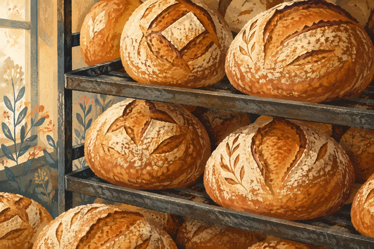 Fresh Artisan Bread Loaves on Bakery Racks