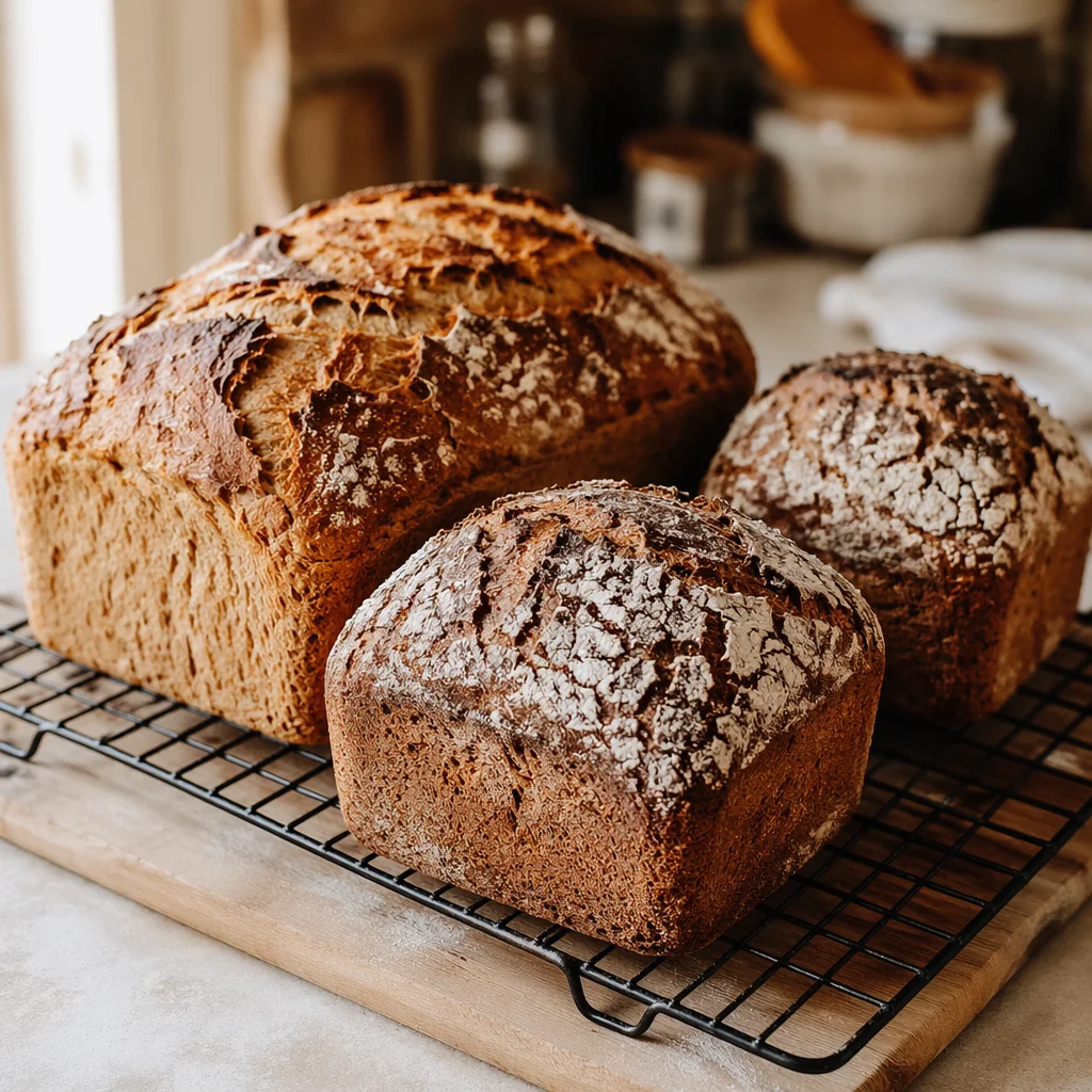 Fresh Artisan Bread Loaves on Wire Rack