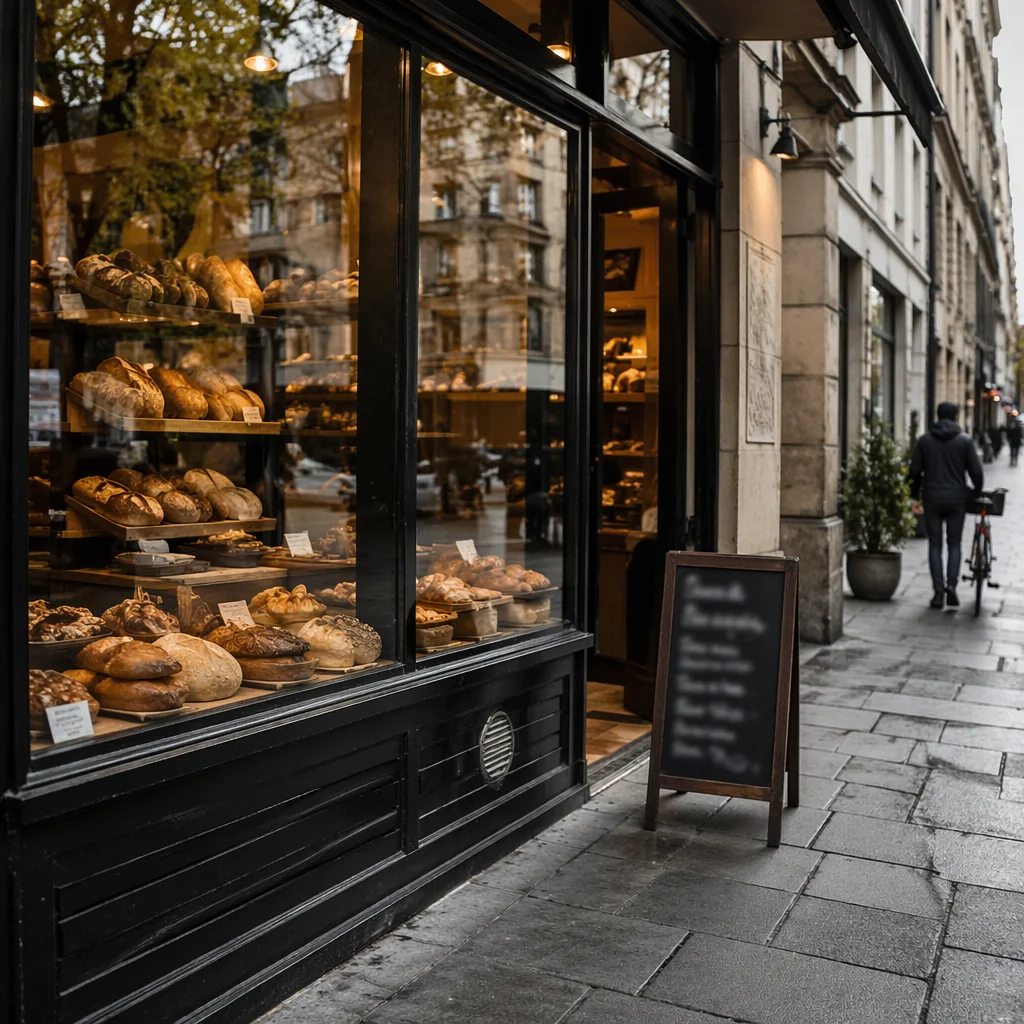 Warm Artisan Bakery Storefront with Fresh Loaves