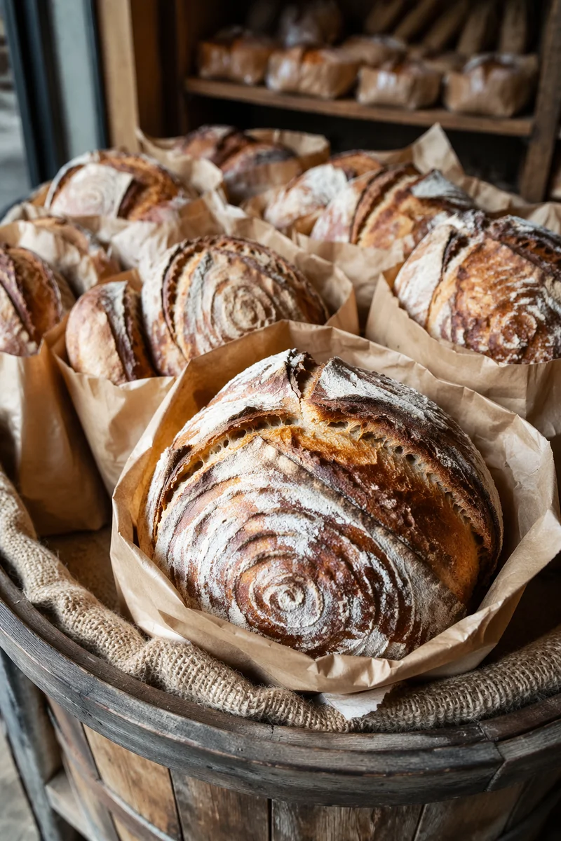 Fresh Artisan Sourdough Loaves in Rustic Bakery