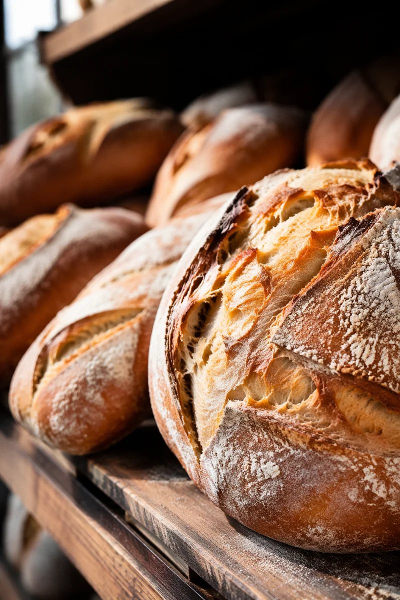 Fresh Artisan Bread on Rustic Bakery Shelf