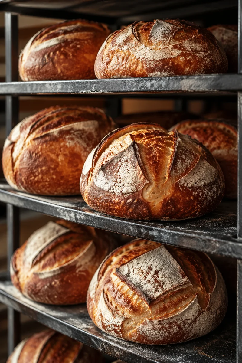 Fresh Artisan Sourdough Loaves on Bakery Racks