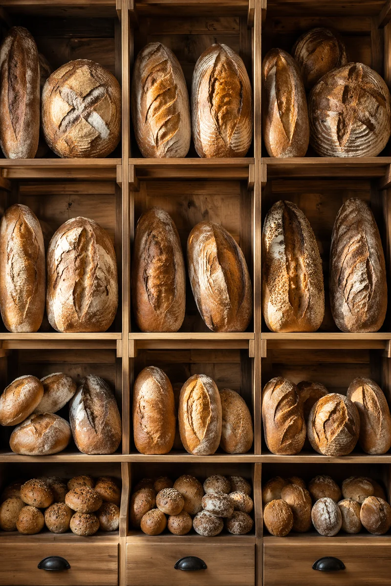 Rustic Artisan Bakery Loaves on Wooden Shelves