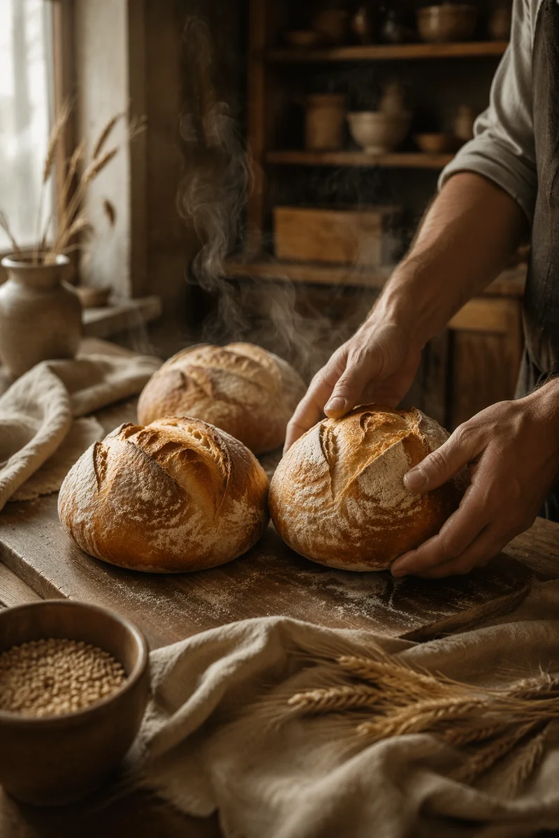 Fresh Artisan Loaves on Rustic Bakery Table