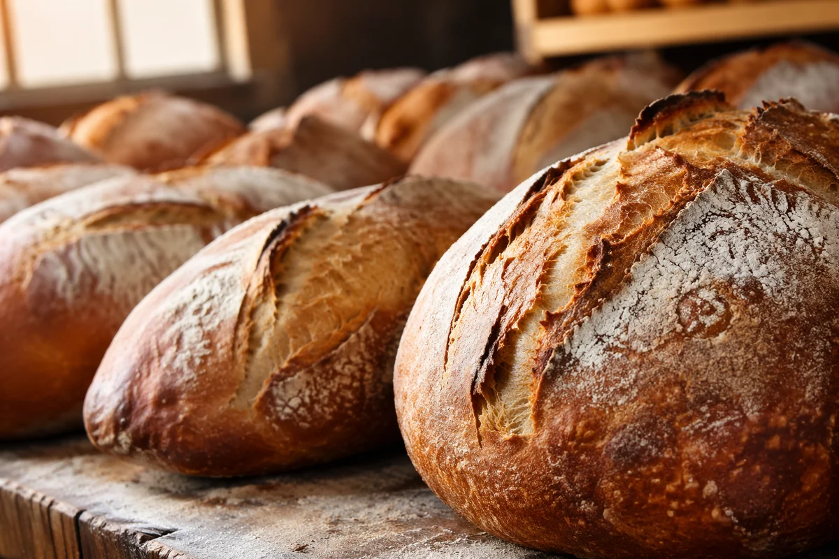 Fresh Artisan Bread on Rustic Bakery Shelf
