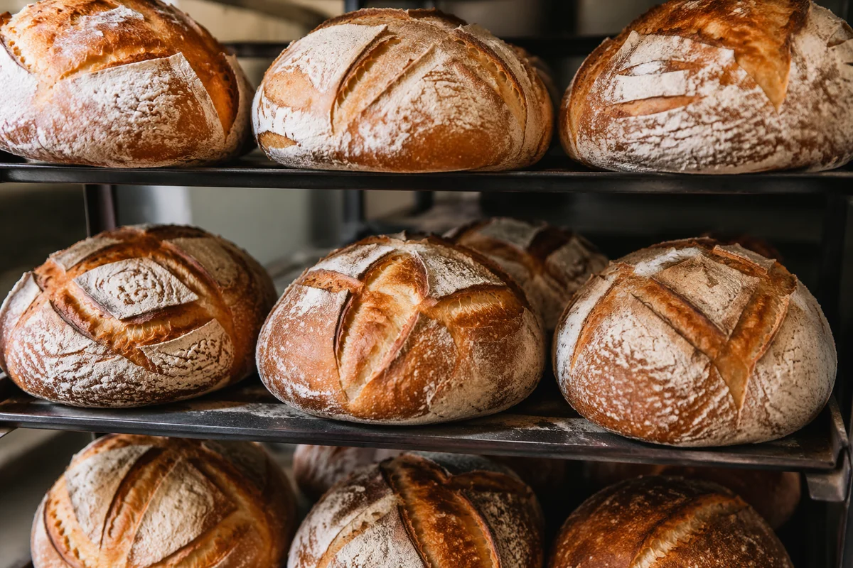 Fresh Artisan Bread on Bakery Racks