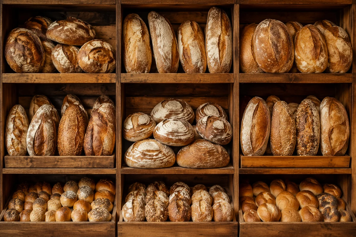 Rustic Artisan Bread Display on Wooden Shelves