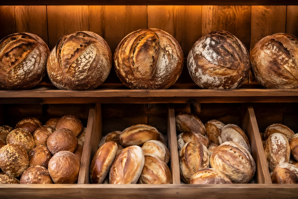 Warm Artisan Bakery Bread Shelf Display