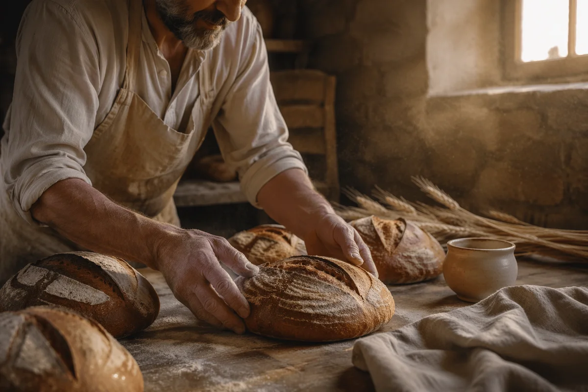 Fresh Artisan Loaves in Rustic Morning Bakery