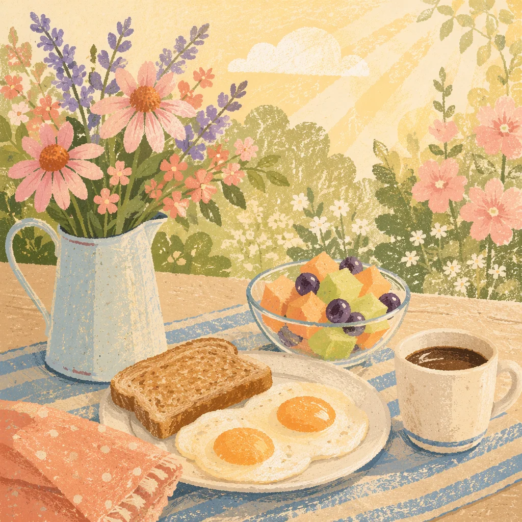 Sunny Garden Breakfast with Eggs and Coffee