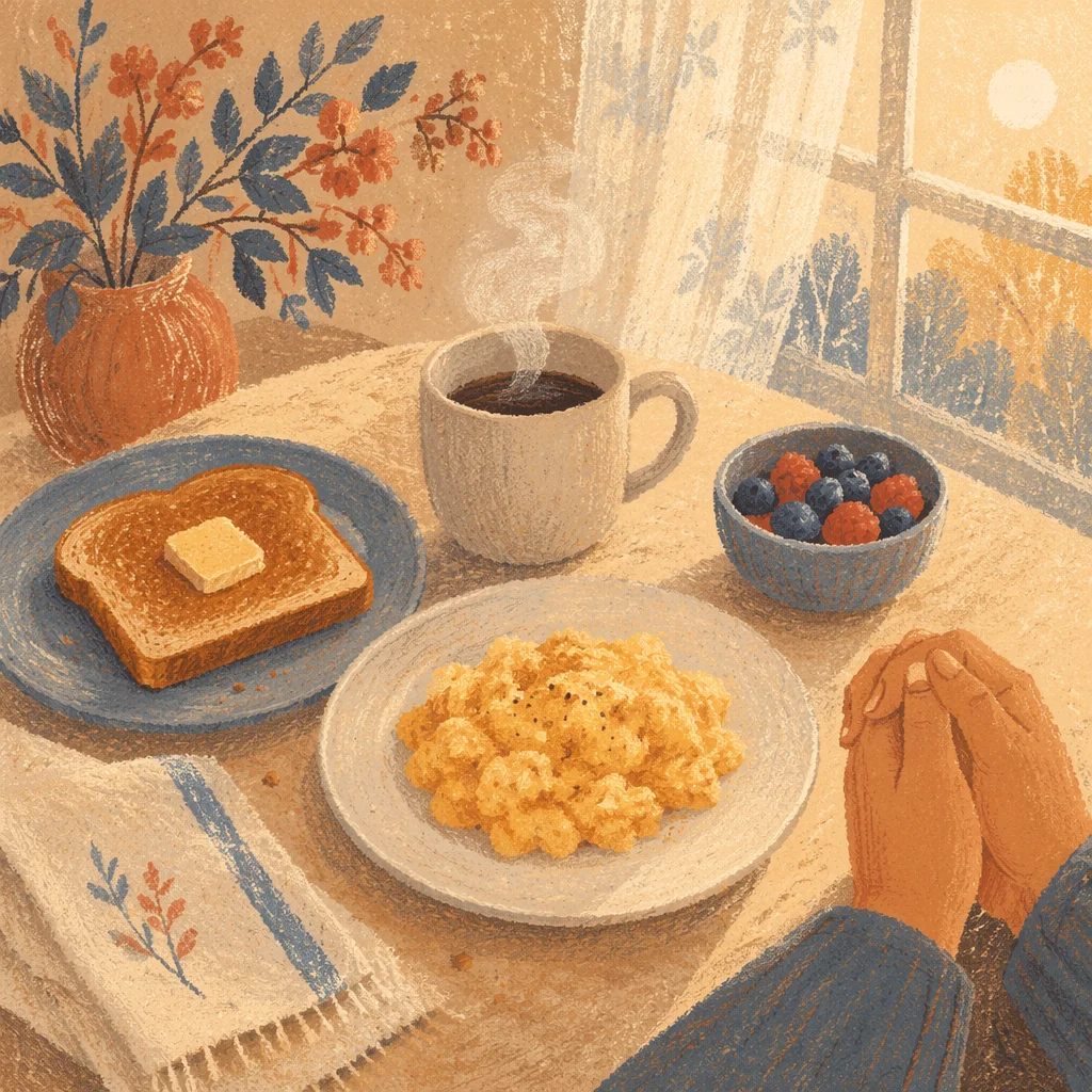 Morning Breakfast Prayer on Wooden Table