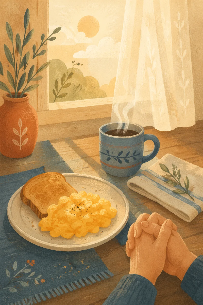 Peaceful Breakfast Prayer on Rustic Table