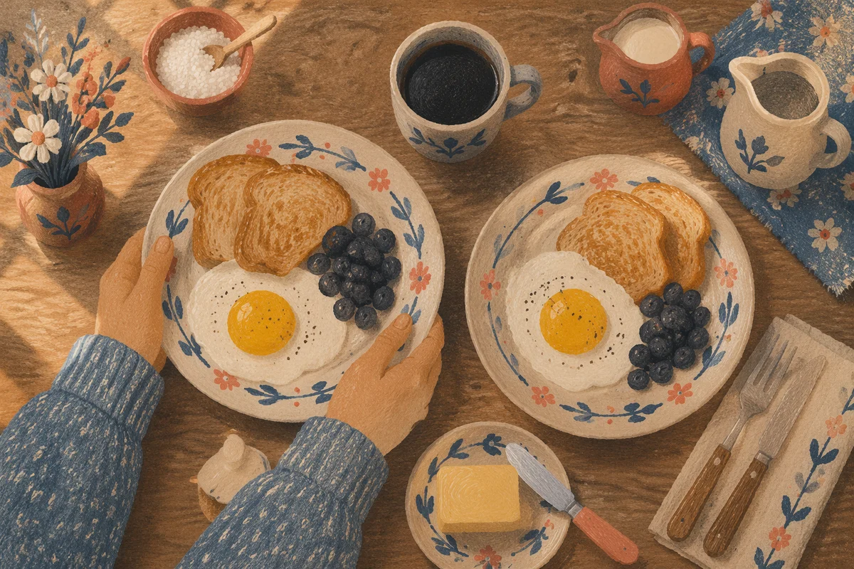 Cozy Breakfast Table with Eggs and Coffee