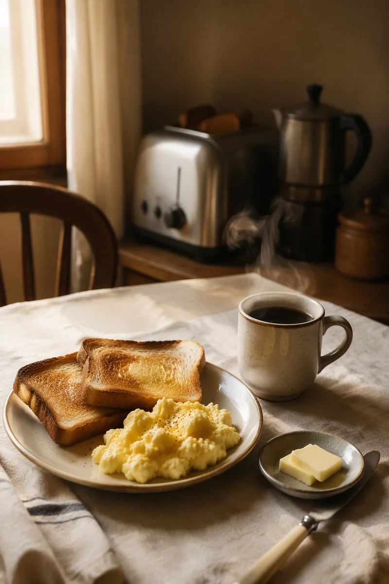 Quiet Morning Breakfast with Eggs and Coffee