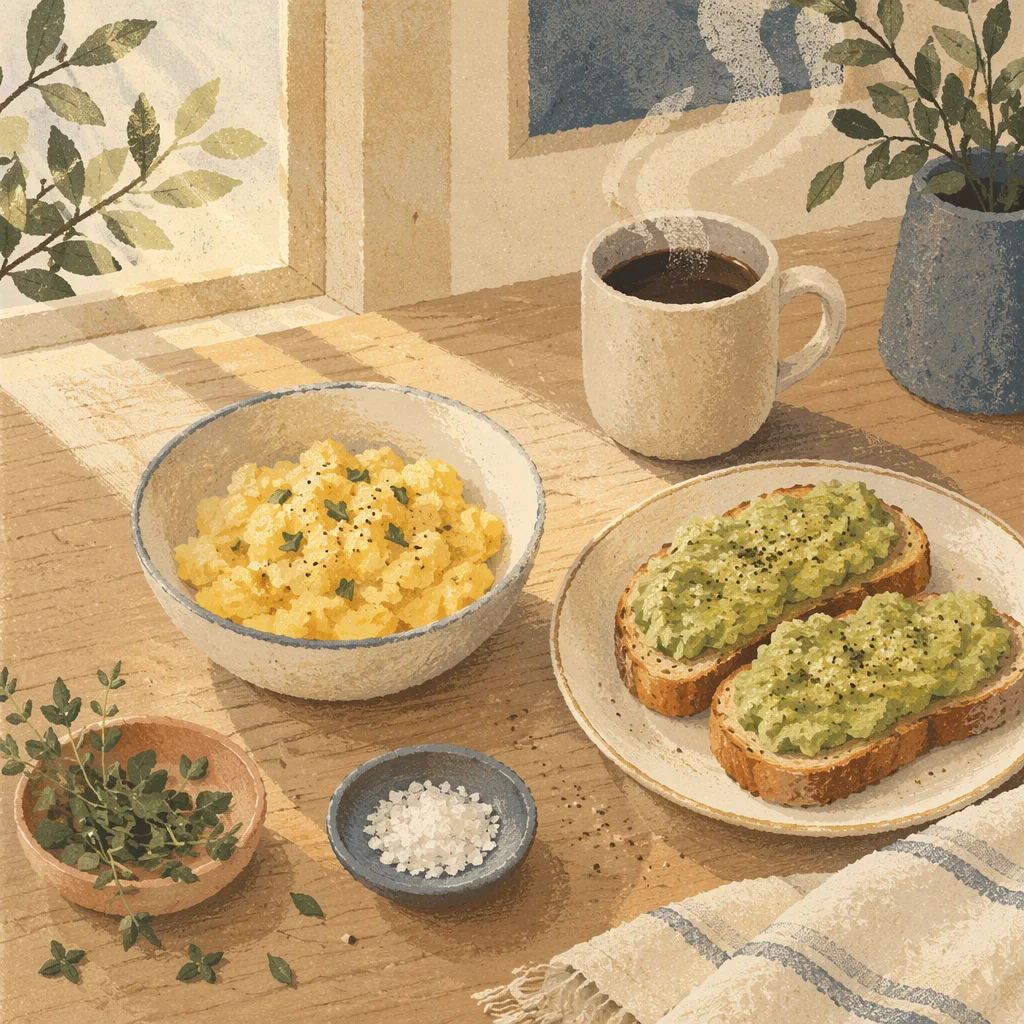 Cozy Breakfast Spread with Eggs and Avocado