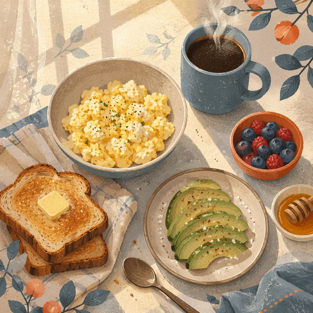 Sunlit Breakfast Spread with Eggs and Coffee
