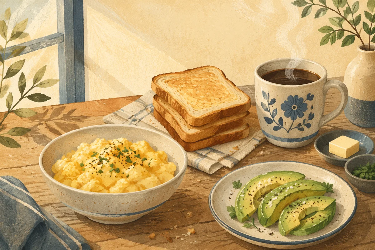 Rustic Breakfast Spread with Eggs and Coffee