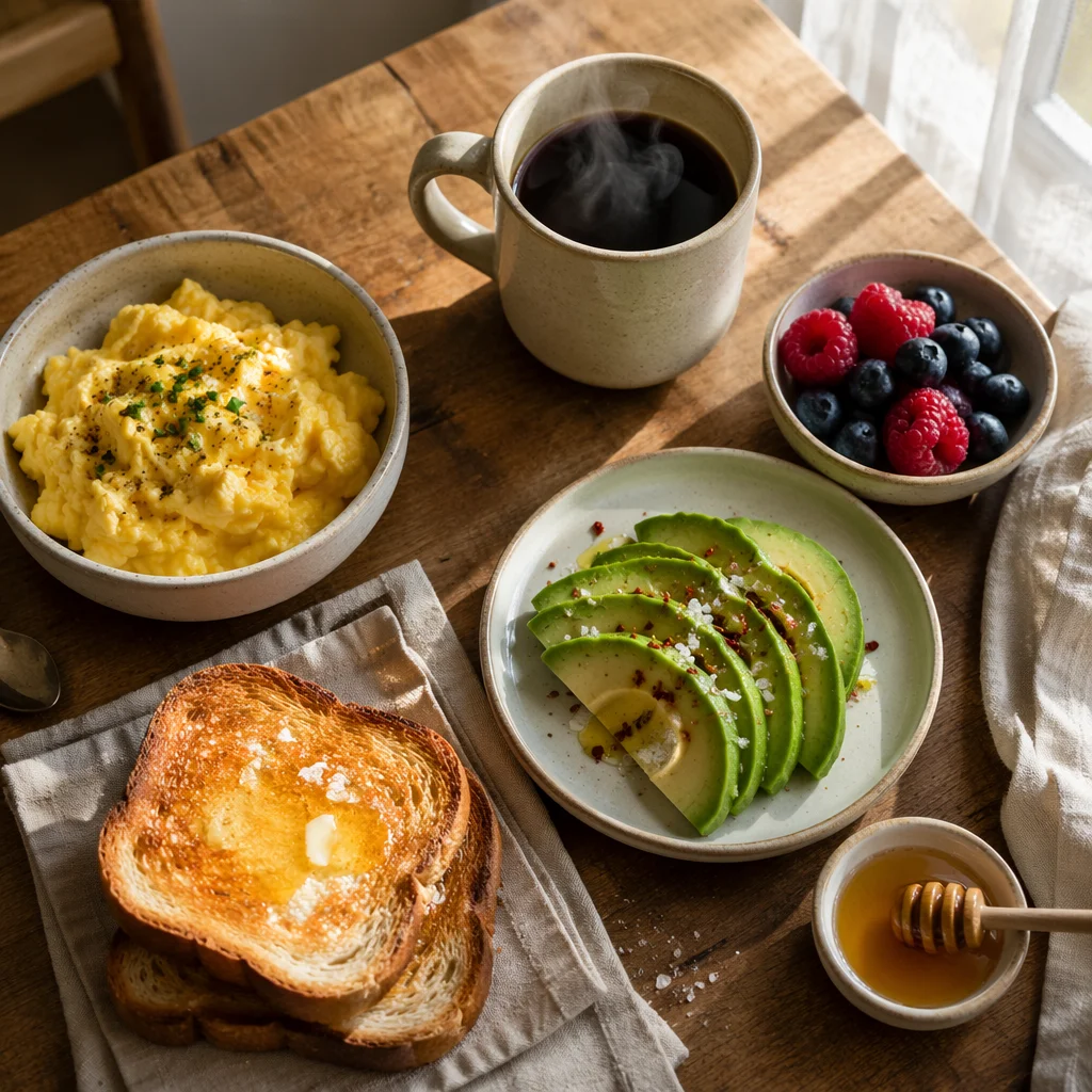 Sunlit Breakfast Spread with Eggs and Coffee
