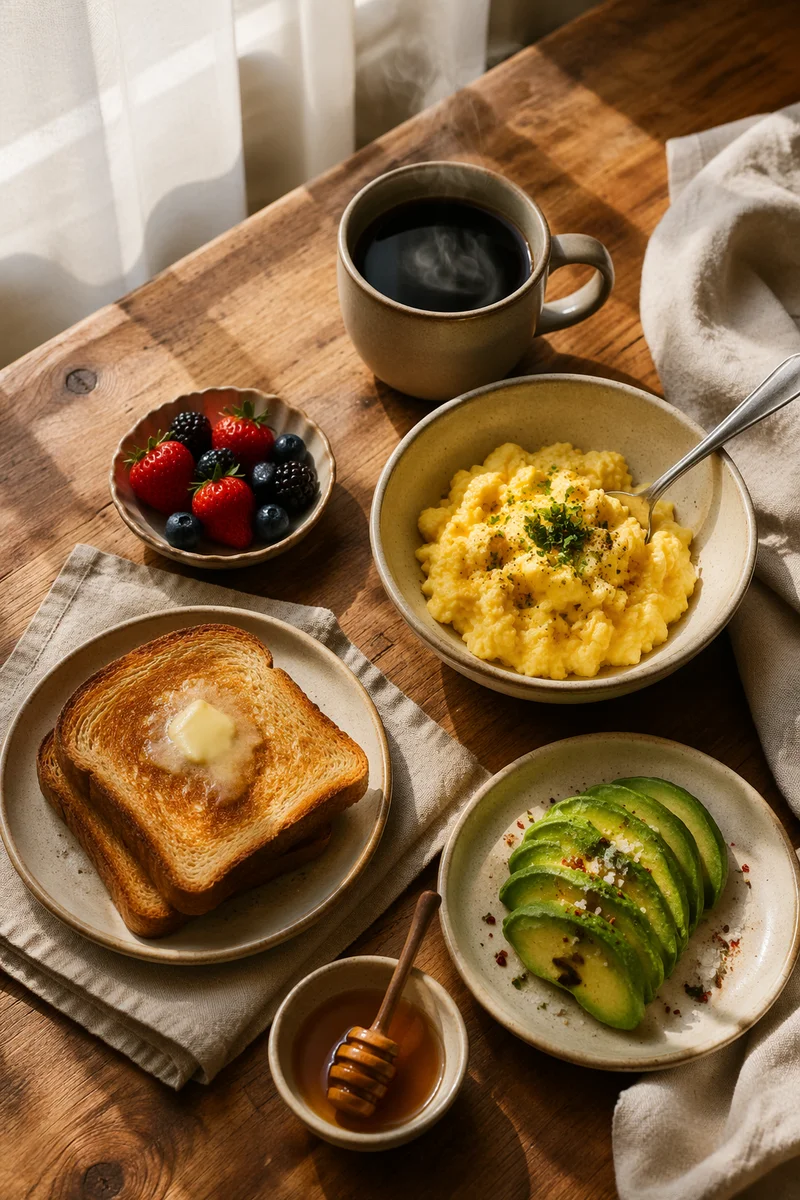 Sunlit Breakfast Spread with Eggs and Avocado