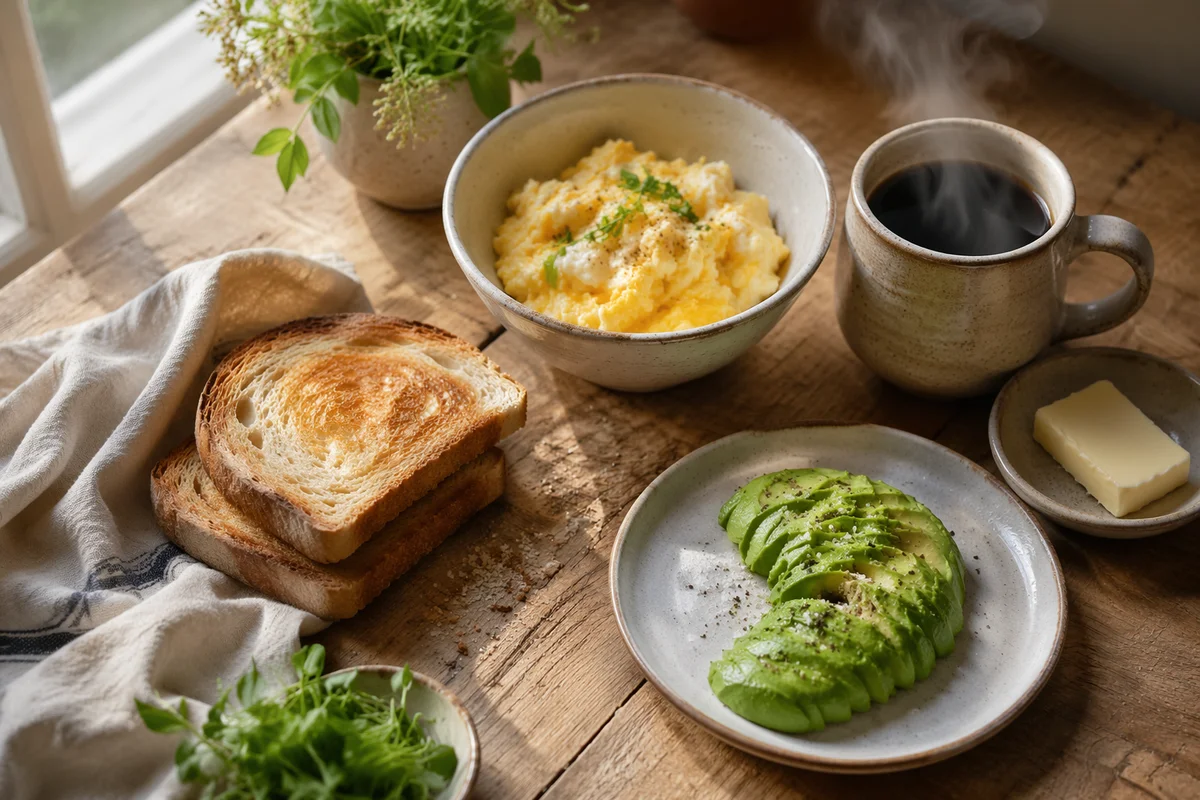 Rustic Breakfast Spread with Eggs and Coffee