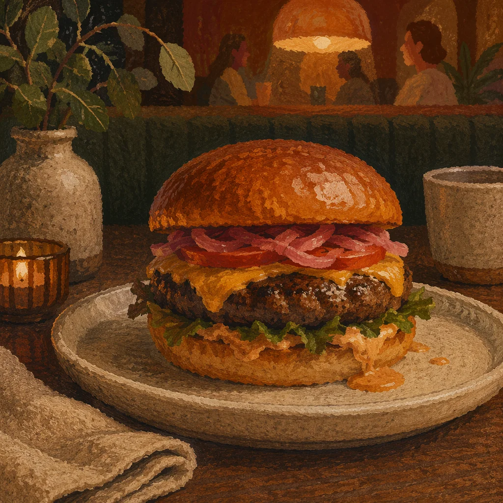Gourmet Burger Close Up in Warm Restaurant