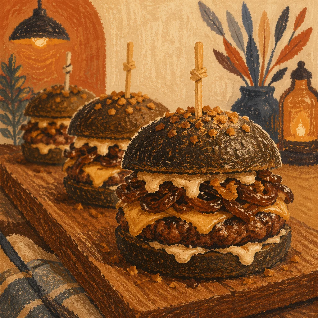 Gourmet Burgers on Rustic Wooden Board