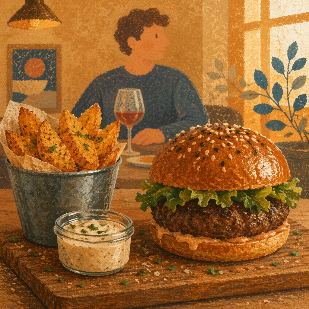 Gourmet Burger and Wedges Close Up