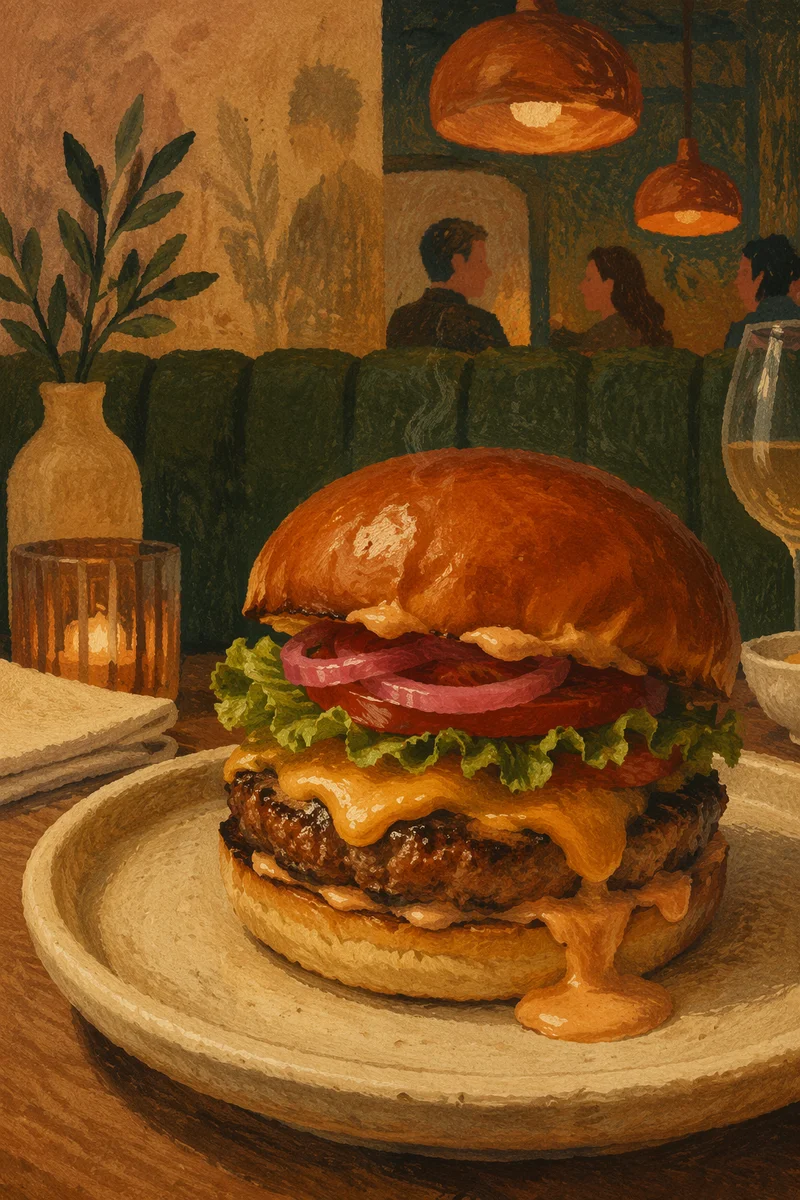 Gourmet Burger Close Up in Warm Booth