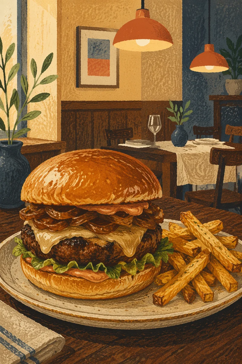 Gourmet Burger Close Up in Warm Restaurant