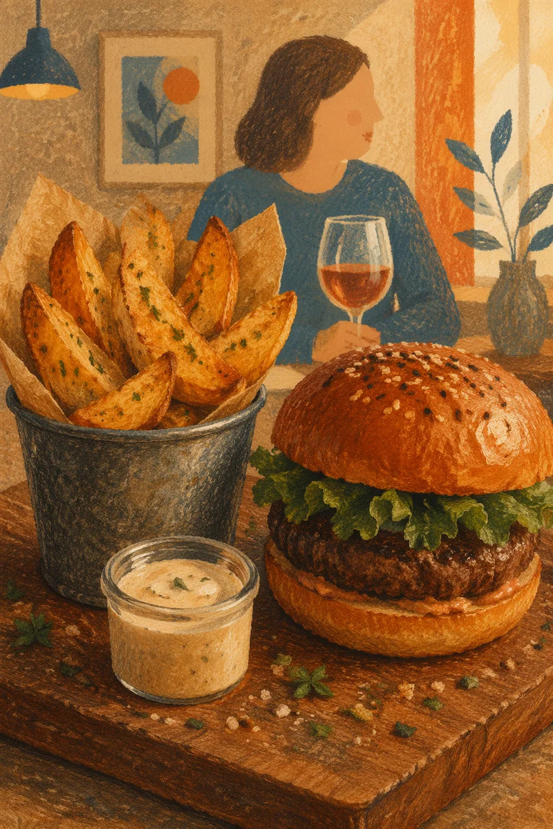 Gourmet Burger and Potato Wedges Close-Up