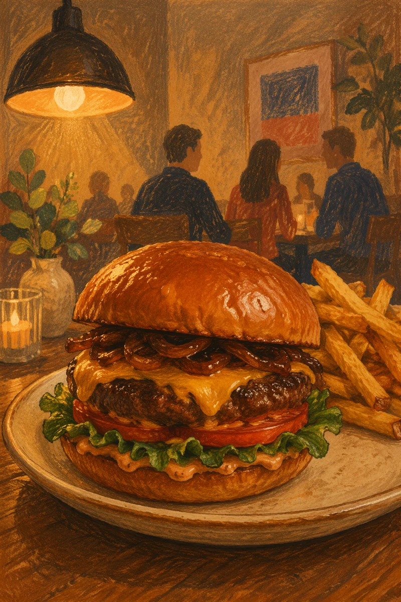 Warm Gourmet Burger Close-Up in Restaurant