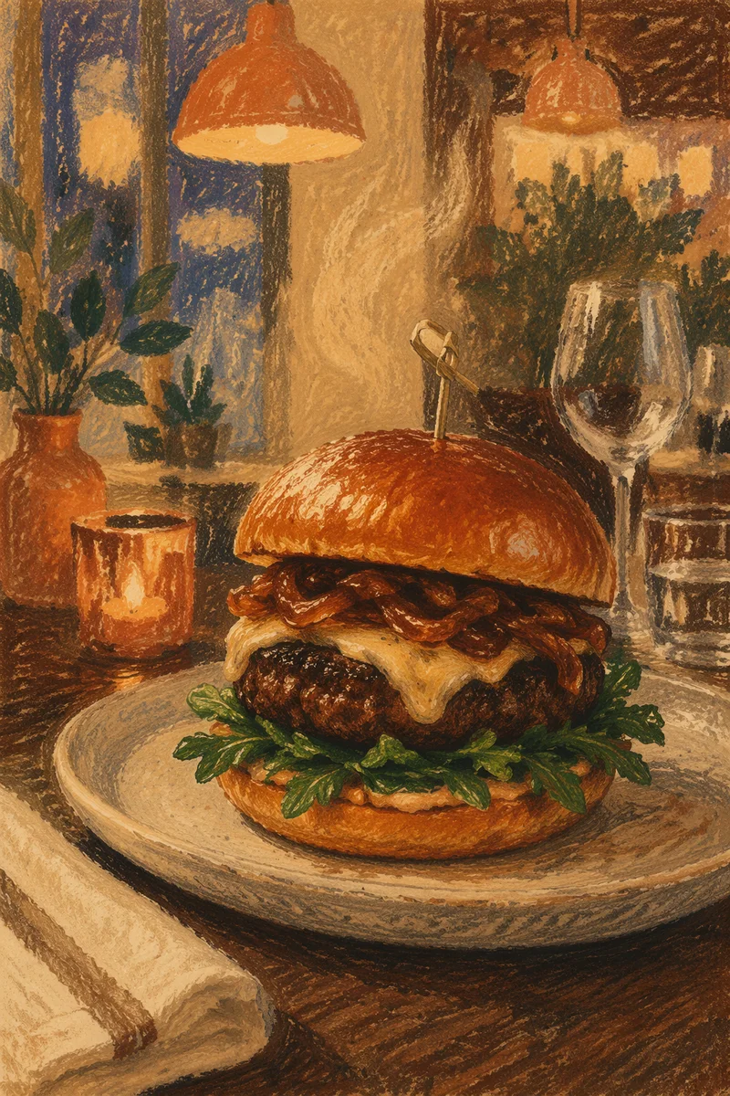 Gourmet Burger Close-Up in Warm Restaurant