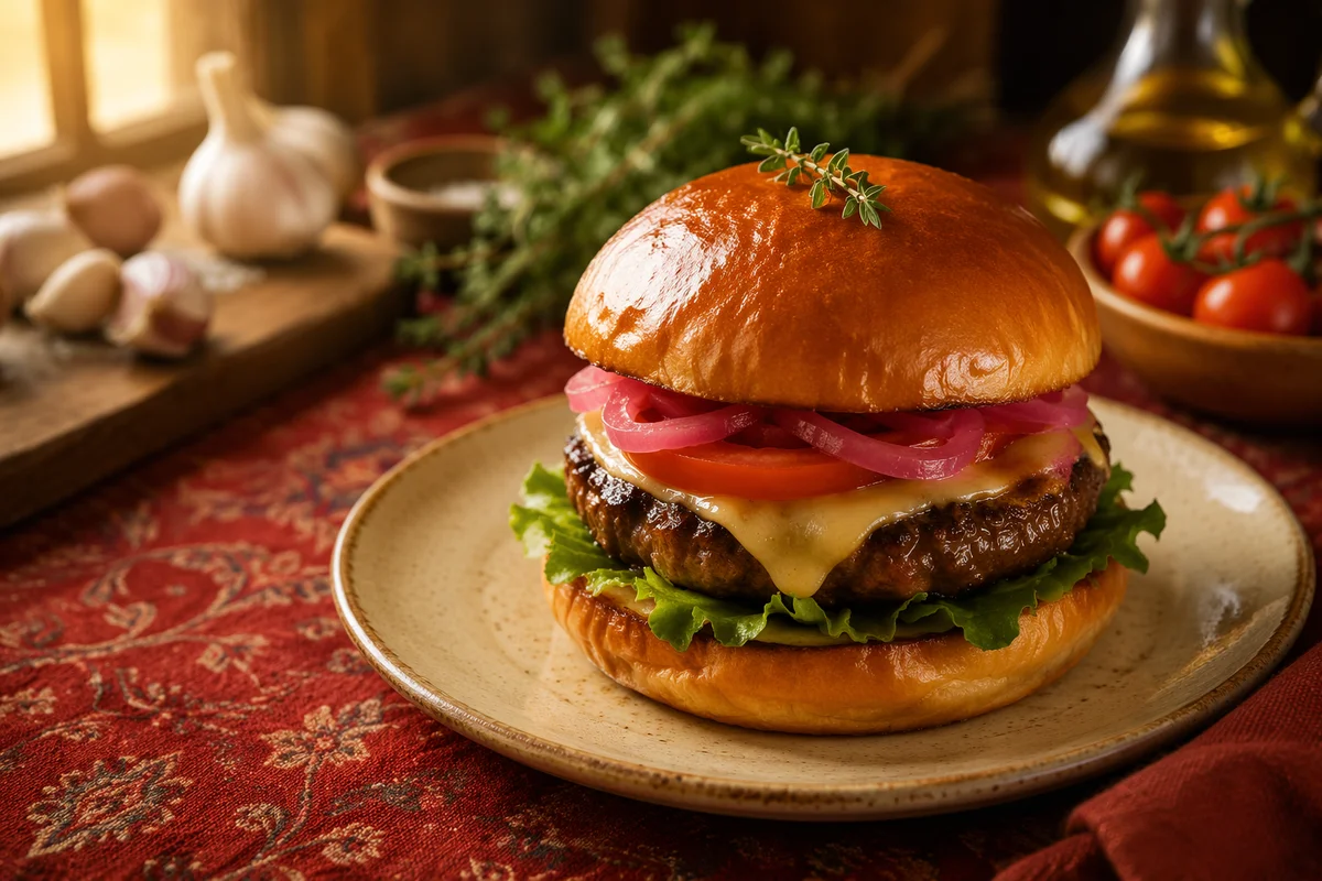 Gourmet Burger on Crimson Restaurant Tablecloth
