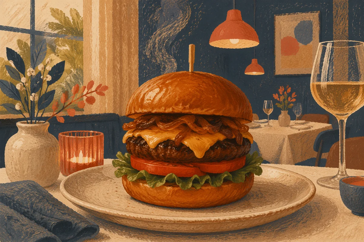 Gourmet Burger Close Up in Warm Restaurant