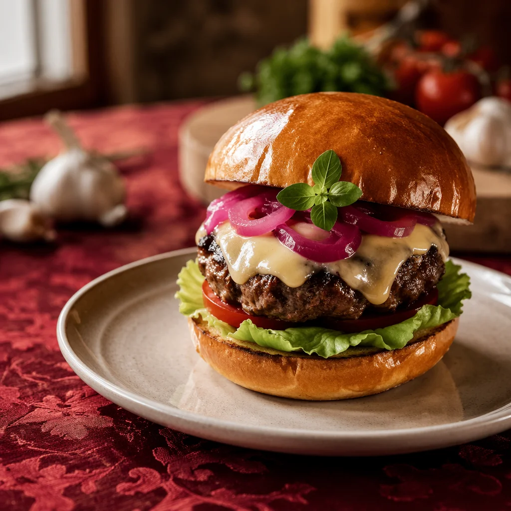 Gourmet Burger Close Up on Red Tablecloth