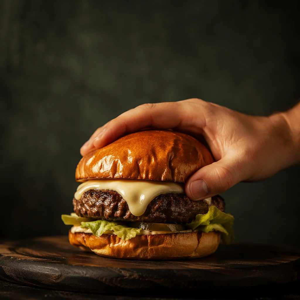 Gourmet Burger Close Up on Wooden Board