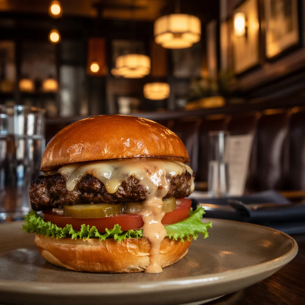 Gourmet Burger Close Up in Warm Restaurant