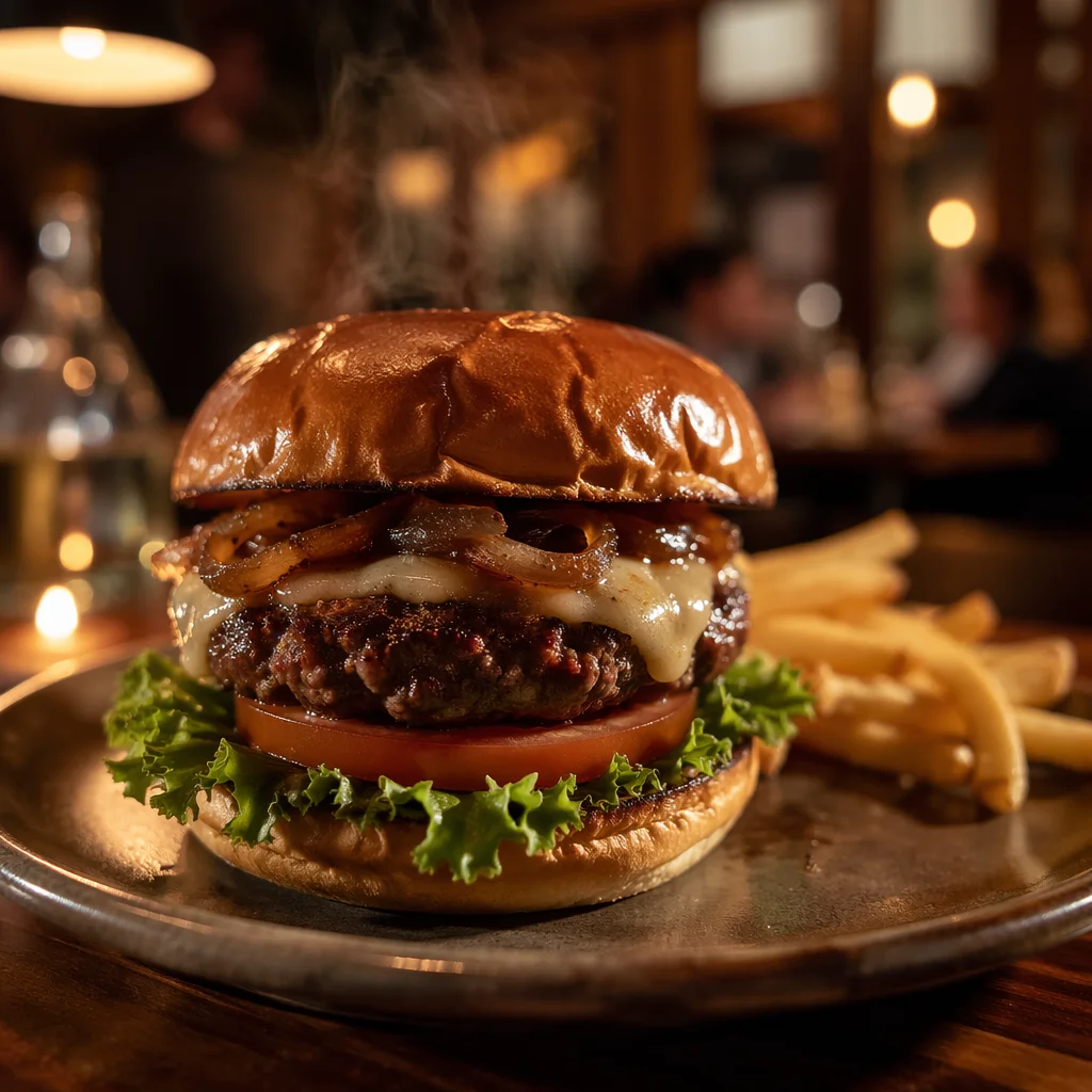Gourmet Burger Close Up in Cozy Restaurant