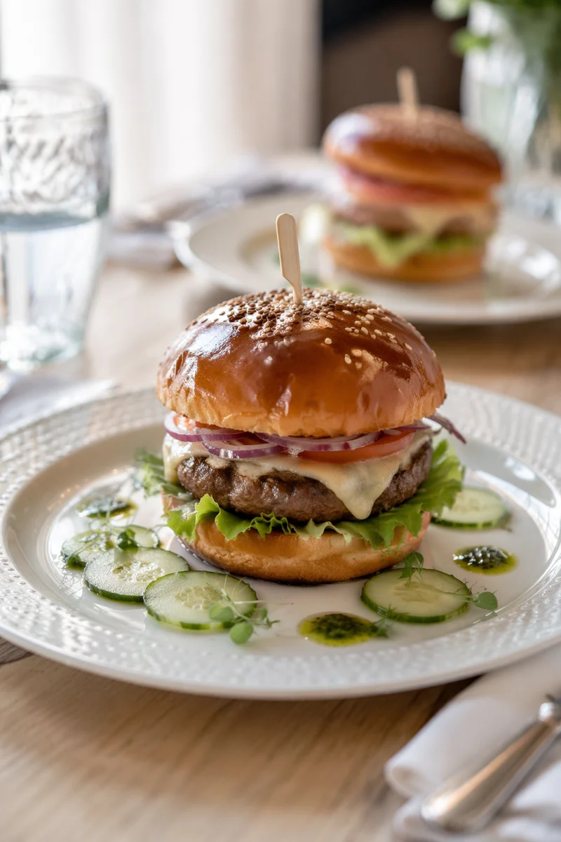 Gourmet Burger Close Up on Elegant Plate