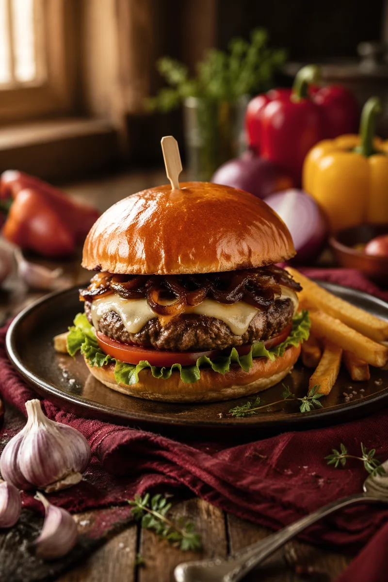 Gourmet Burger on Rustic Red Table