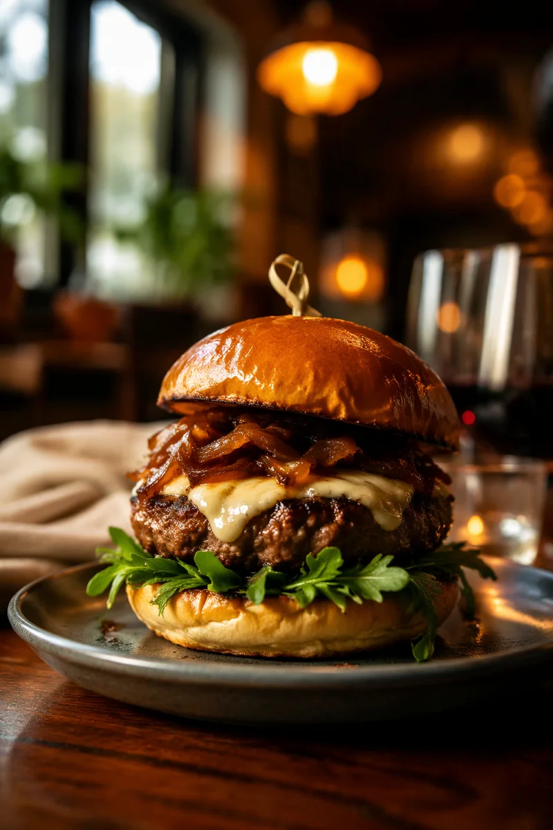 Gourmet Burger Close-Up in Warm Restaurant