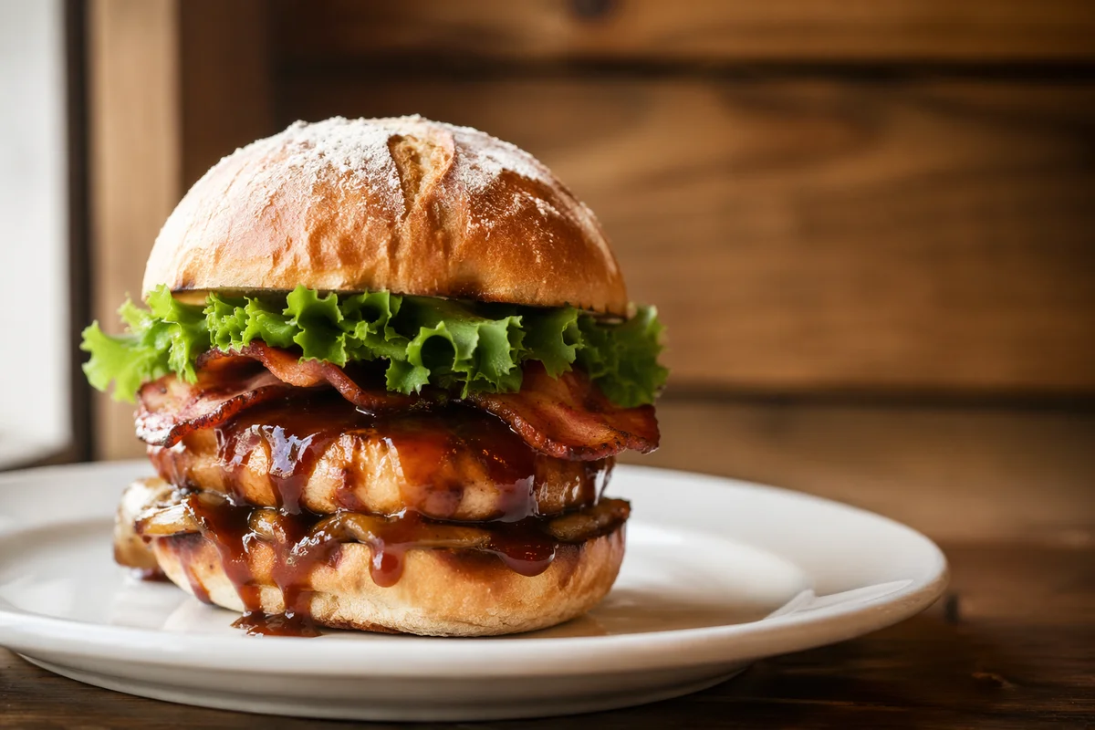 Gourmet Burger Close Up on White Plate